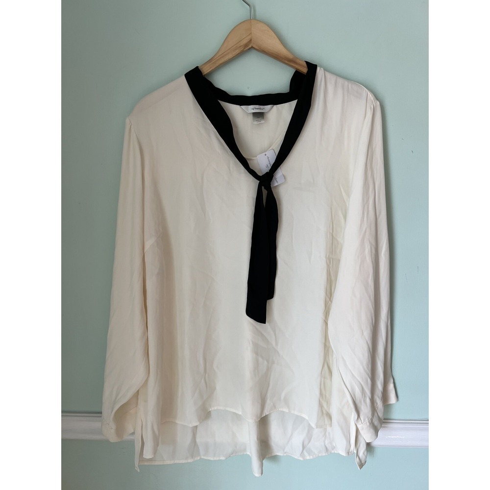 CJ BANKS 22/24 Ivory blouse black neck tie NWT career dressy